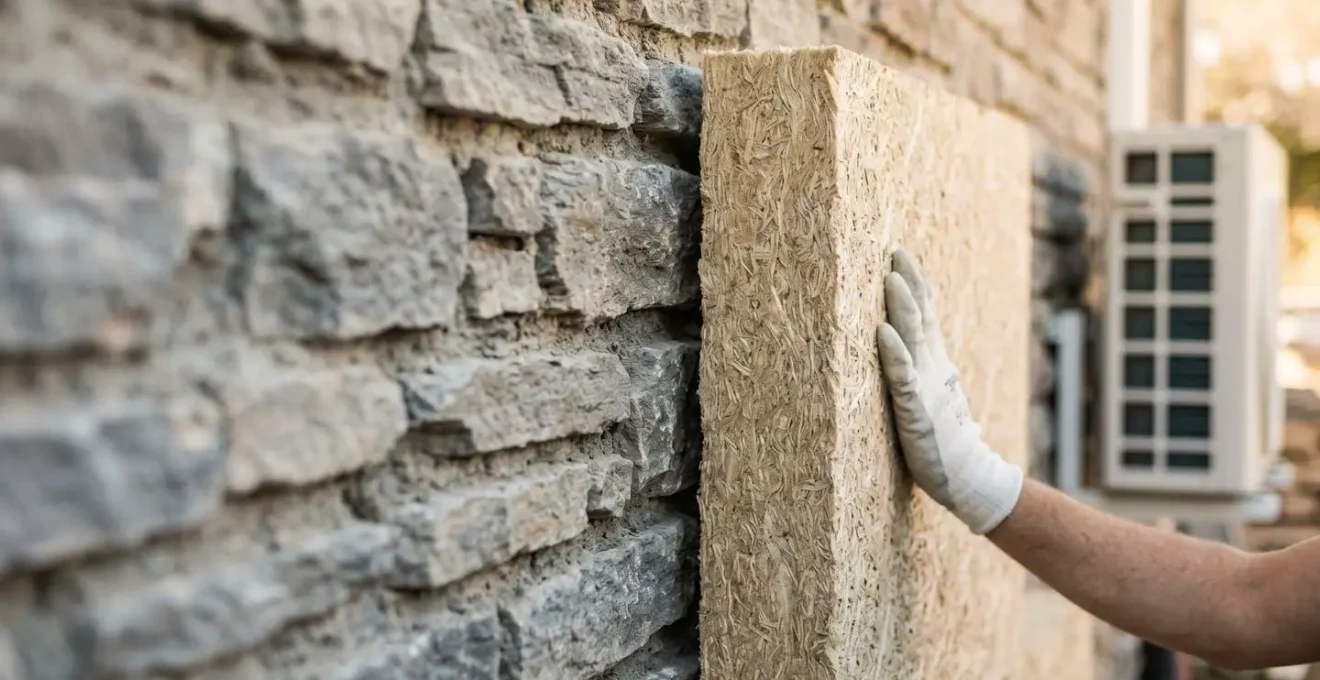 Gros plan sur un mur en pierre partiellement isolé avec de la laine de bois, une main gantée tenant le panneau, une PAC floue en arrière-plan.