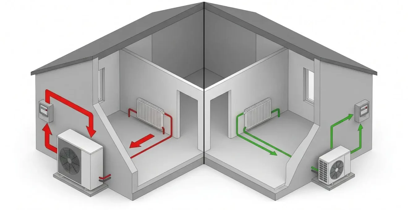 Illustration isométrique comparant une PAC surdimensionnée (flèches rouges) et une PAC bien dimensionnée (flèches vertes) dans une maison en coupe.