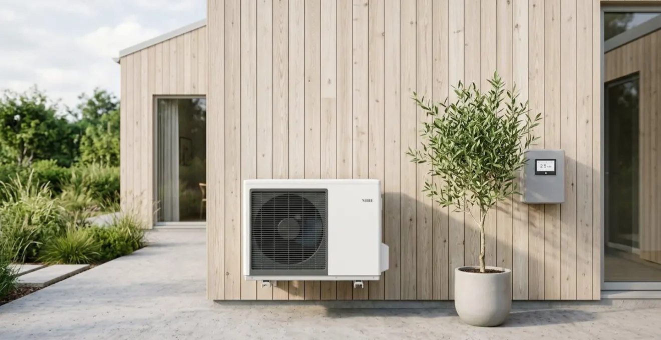 Pompe à chaleur air-eau design installée contre un mur en bois, avec un olivier en pot, symbolisant l'harmonie entre technologie et nature.