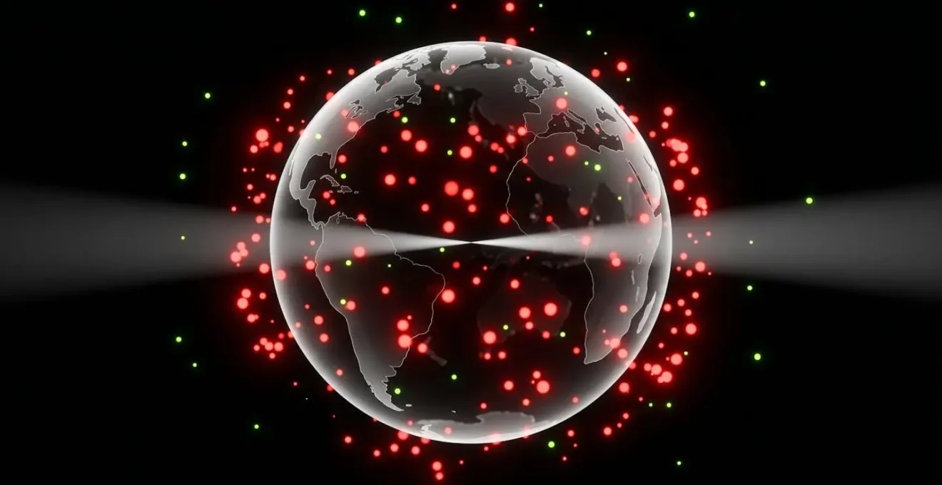 Sphère transparente représentant la Terre entourée de particules rouges et vertes, symbolisant l'impact des fluides frigorigènes sur le climat.