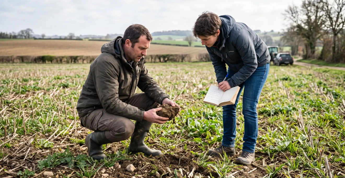 Deux professionnels agricoles examinent ensemble la couverture végétale d'une parcelle de grande culture.