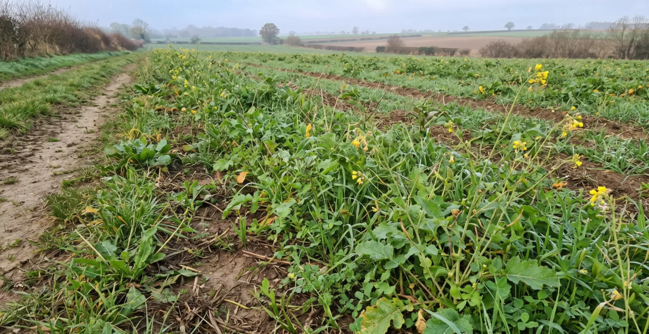 Parcelle cultivée avec un couvert végétal diversifié, observée depuis un chemin agricole.